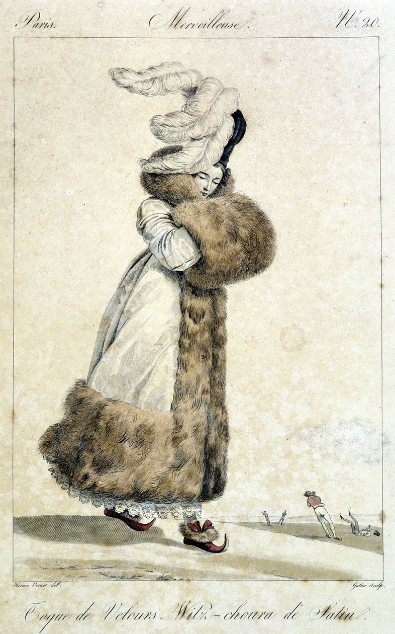 Elegant kvinde iført frakke og fløjlshat med fjer. Damemodeillustration af Horace Vernet (1789 - 1863) for nummer 20, omkring 1810, af en "Wonderful". af Emile Jean Horace Vernet