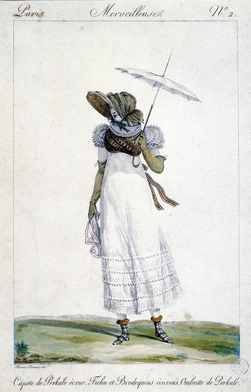Modegravering af Horace Vernet (1789 - 1863), lavet omkring 1810 til "A Wonderful", forestillende en kvinde, der bærer en ecru baldakin, et blodigt, tartan-broderi og en paraply. af Emile Jean Horace Vernet