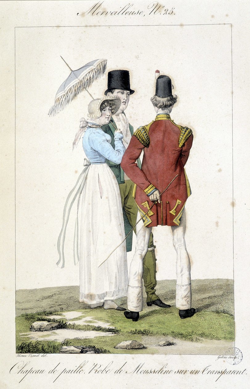 Modegravering af Horace vernet (1789 - 1863) lavet omkring 1810 til nummer 25 af en "Marvelous", repræsenterende feminin mode (stråhat og chiffonkjole) og maskulin. af Emile Jean Horace Vernet