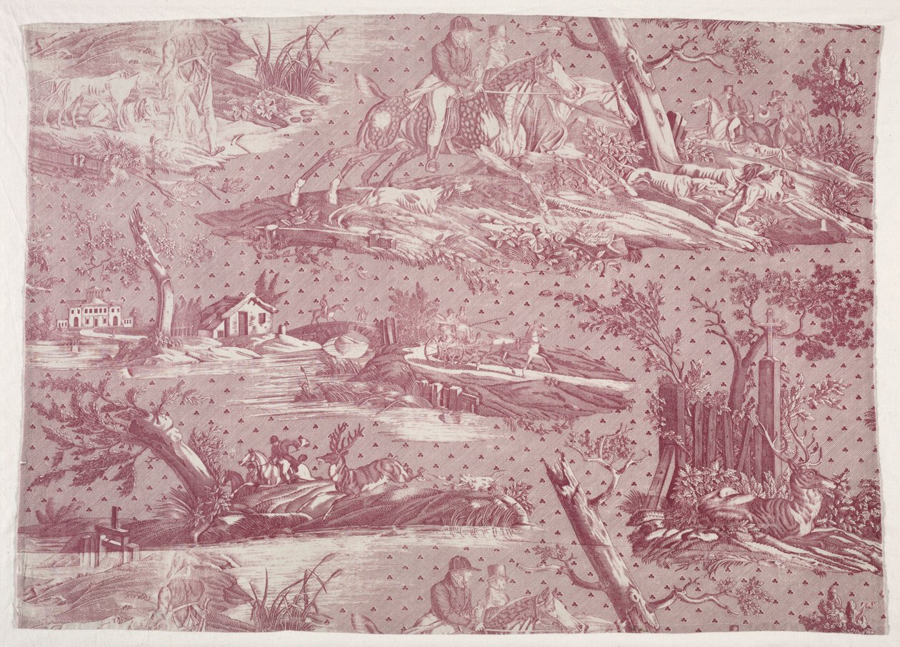 Fragment af kobbertryk i bomuld med motiv af jagtscene af Horace Vernet