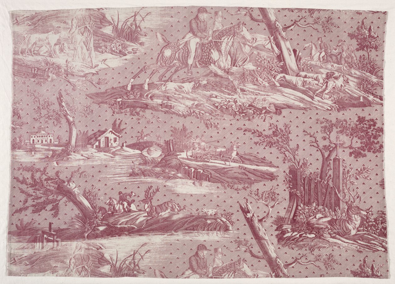 Fragment af kobbertrykt bomuld med jagtscenedesign, ca. 1815. af Emile Jean Horace Vernet