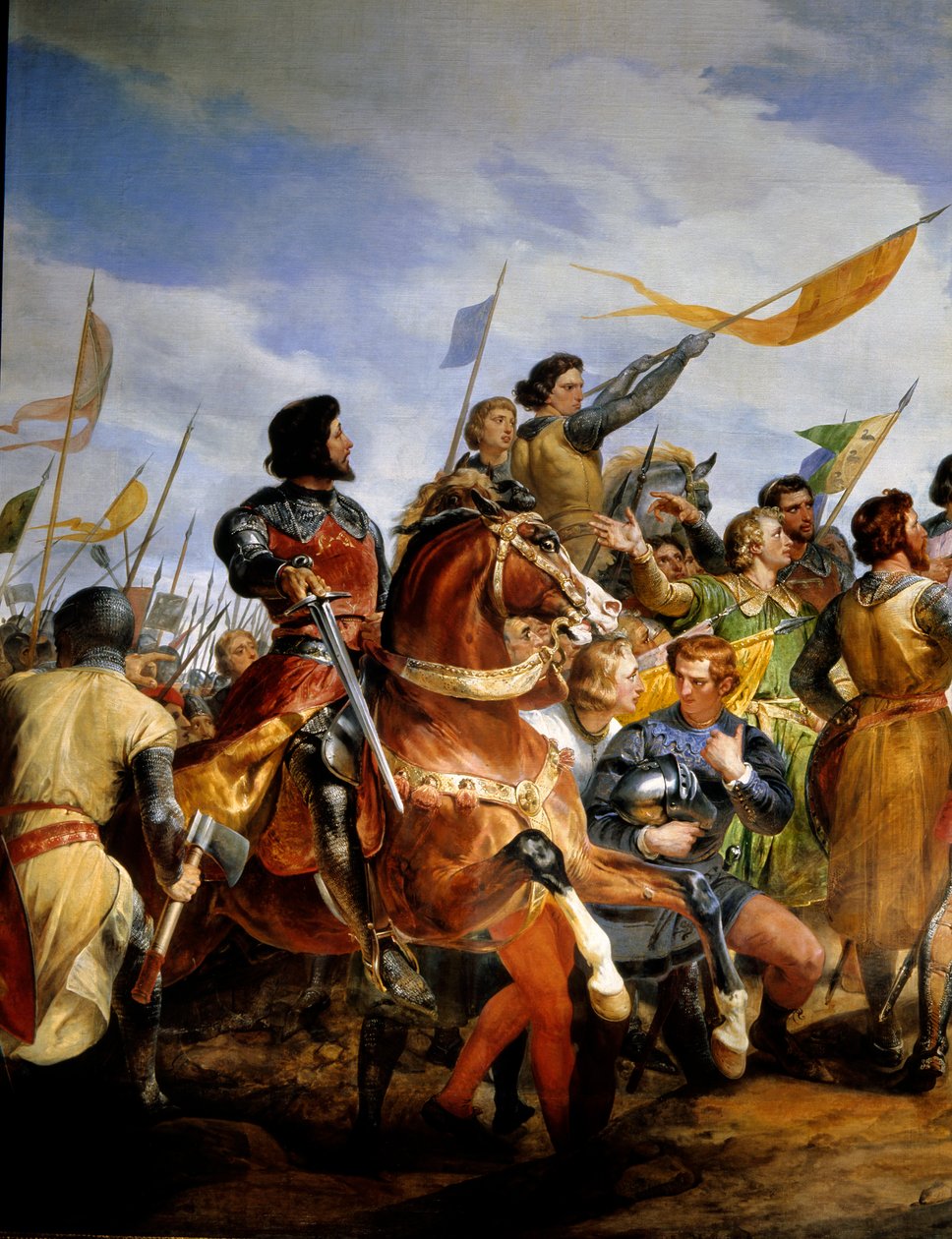 Fransk-engelsk krig (1202-1214): "" slaget ved Bouvines den 27/07/1214, Philippe Auguste sætter Frankrigs krone i spil"" Hun opponerede den franske hær af Philippe Auguste mod flamlænderne og Welfs of Othon IV . Den franske sejr var afgørende i o af Emile Jean Horace Vernet