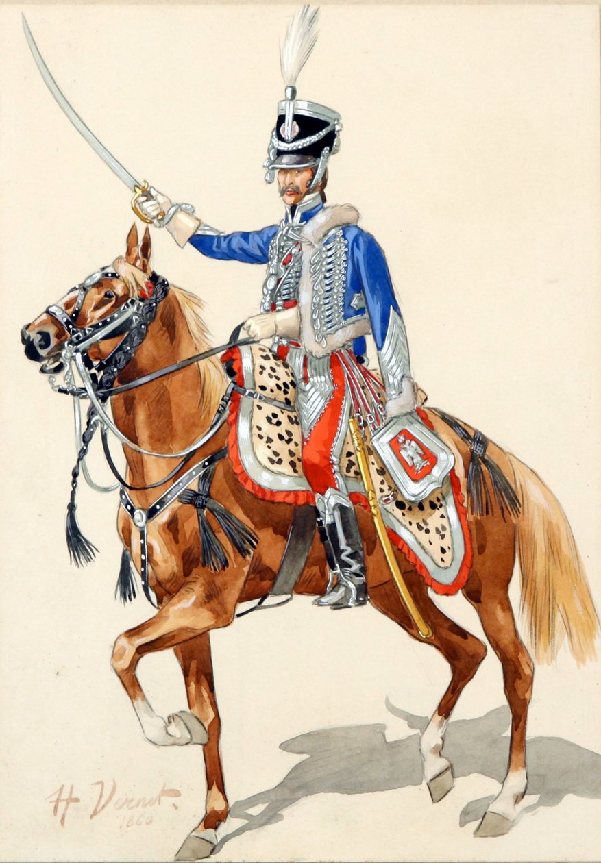 Hussard russe levant son saber - Russisk Hussar Raising his Saber par Vernet, Horace (1789-1863), - Akvarel og blæk på papir, 30x21 - Privat samling af Emile Jean Horace Vernet