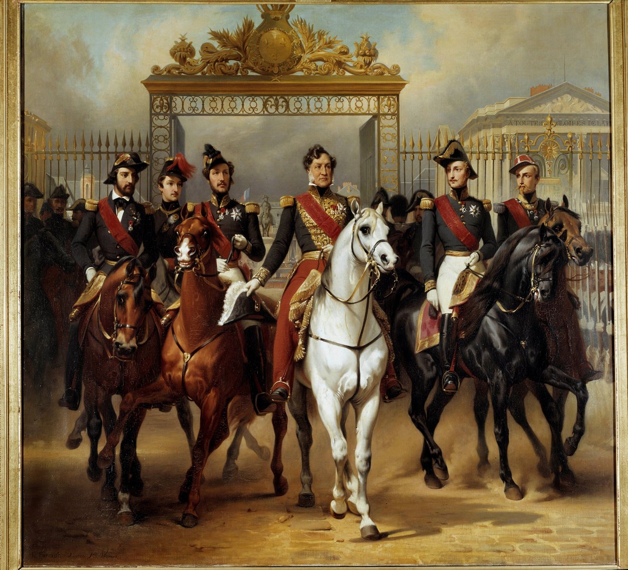 Kong Louis-Philippe I (Louis Philippe) omgiver sine fem sønner, der kommer ud af æresgitteret på slottet i Versailles efter at have bestået en militær gennemgang ved domstolene 10/06/1837 Maleri af Horace Vernet (1789-1863) 1846 Søn. 3,6x3,9 m. - Den frans af Emile Jean Horace Vernet