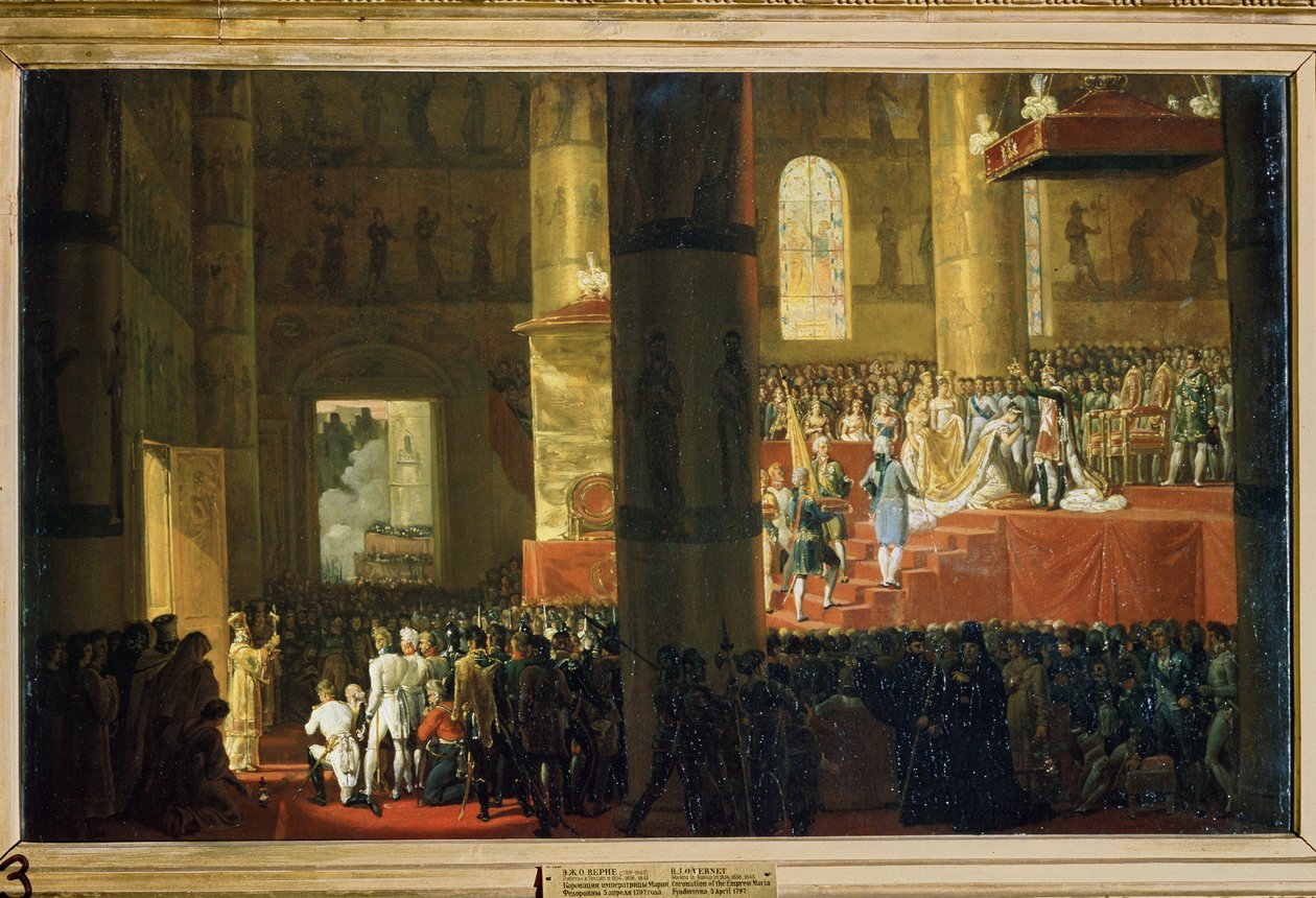 Kroningen af ​​kejserinde Maria Feodorovna den 5. april 1797. (Kroningen af ​​kejserinde Maria Feodorovna den 5. april 1797). Maleri af Horace Vernet (1789-1863). Olie på lærred, 60 x 95 cm. Fransk kunst fra det 19. århundrede. Det russiske statsmuseum, Sa af Emile Jean Horace Vernet
