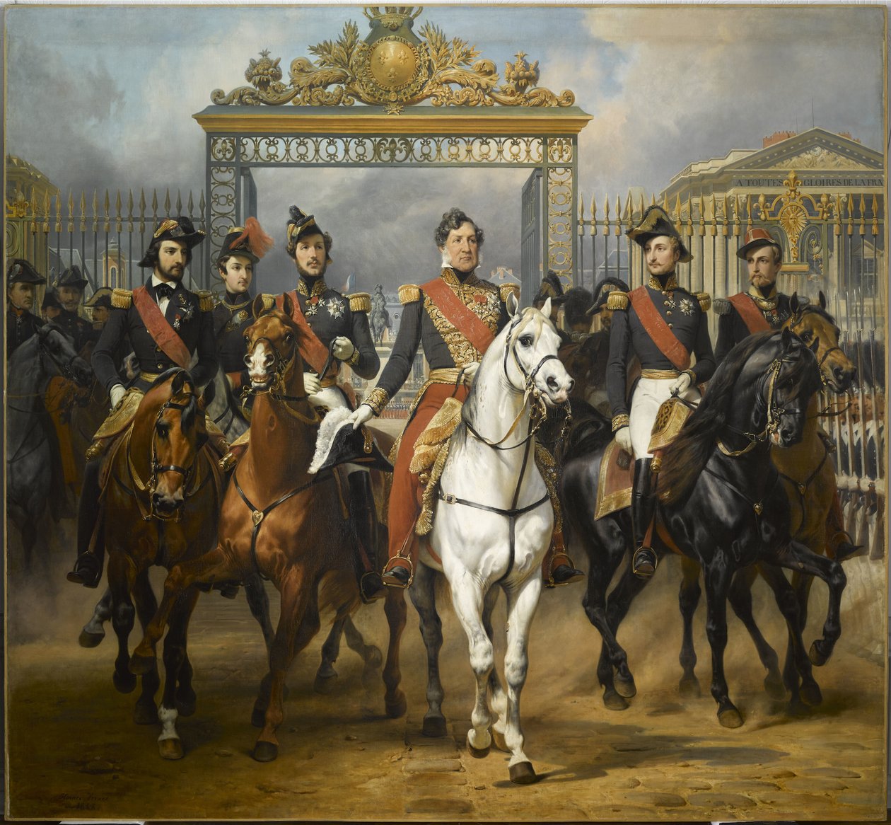 Kong Louis-Philippe omgivet af sine fem sønner på vej ud gennem hovedporten til Château de Versailles efter en militær gennemgang i gårdspladsen, 10. juni 1837. af Horace Vernet