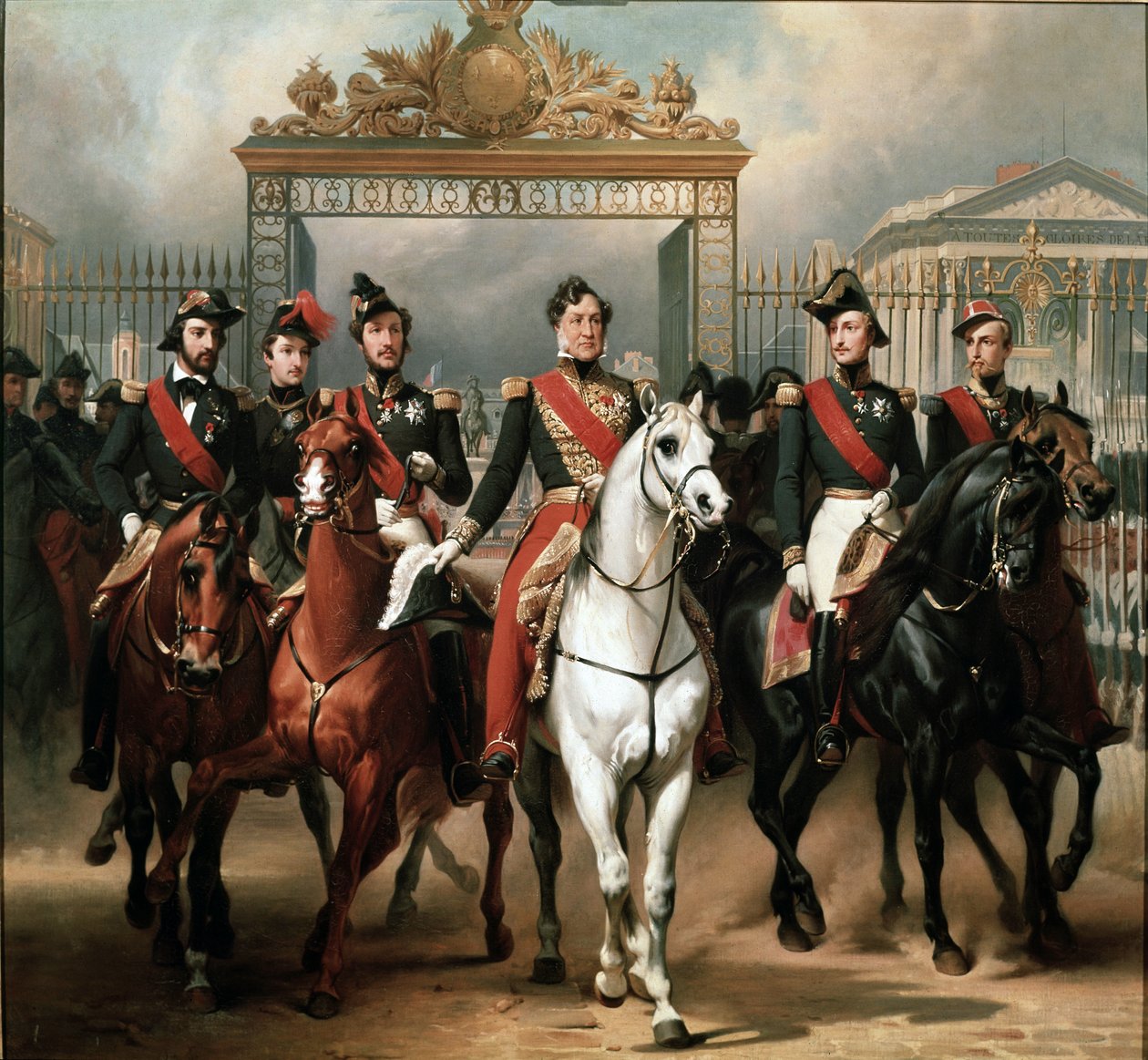 Kong Louis-Philippe omringet af sine fem sønner forlader hovedporten til Versailles-slottet efter at have bestået en militær gennemgang i gårdene af Emile Jean Horace Vernet
