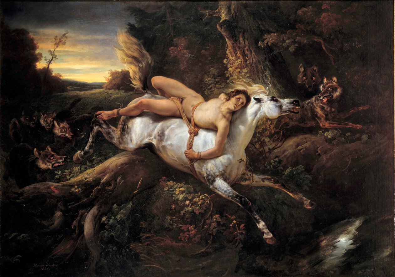 Mazeppa Illustration til digtet af Lord Byron eller Victor Hugo, helten Mazeppa, efter at have fornærmet en gentleman, er knyttet til en vild hest. Maleri af Emile Horace Vernet (1789-1863) Avignon fra det 19. århundrede, Musee Calvet af Emile Jean Horace Vernet