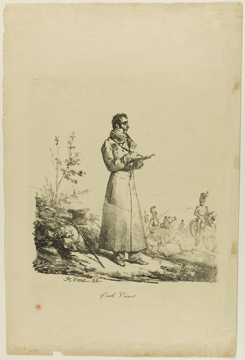 Portræt af Carle Vernet, stående og tegning af Emile Jean Horace Vernet