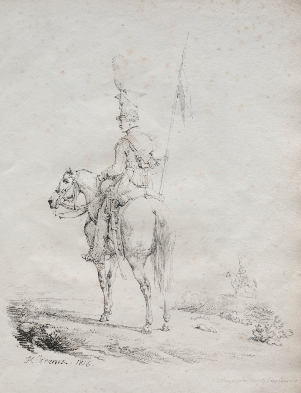 Samling af litografiske essays: Le Lancier en Vedette af Emile Jean Horace Vernet