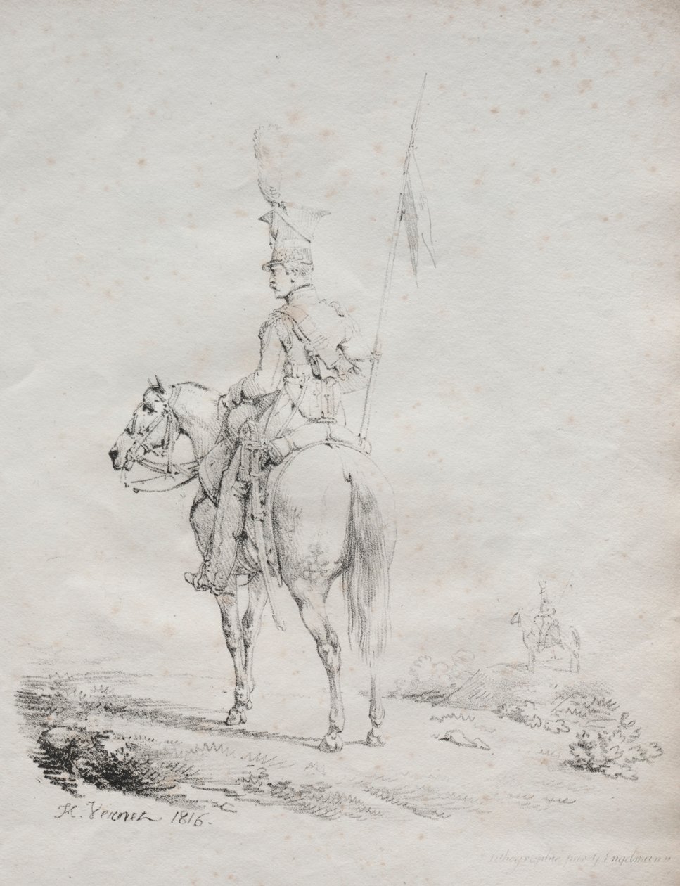 Samling af litografiske essays: Le Lancier en Vedette, 1816. af Emile Jean Horace Vernet
