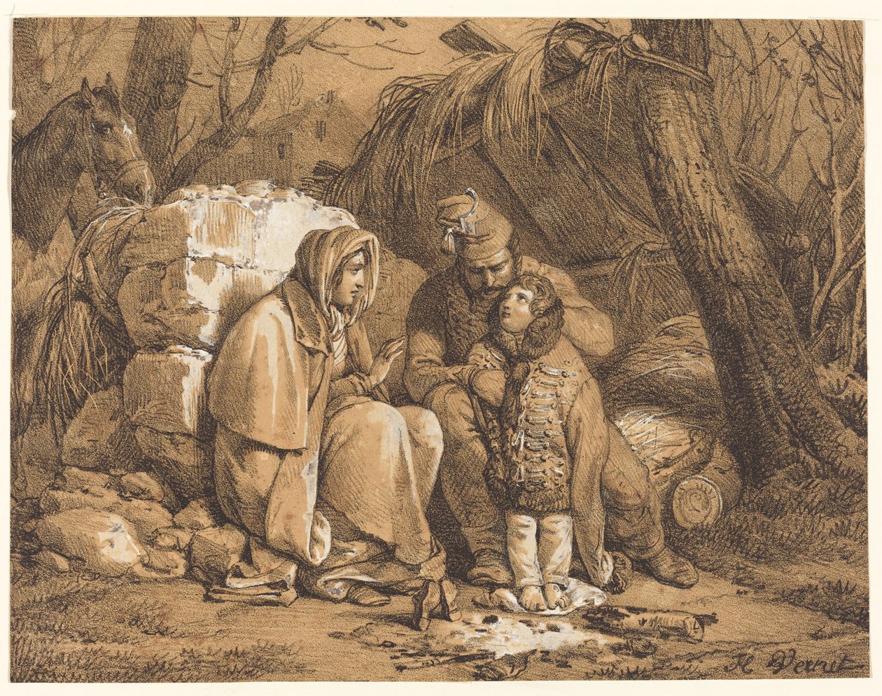 Soldatens familie lejret af Emile Jean Horace Vernet