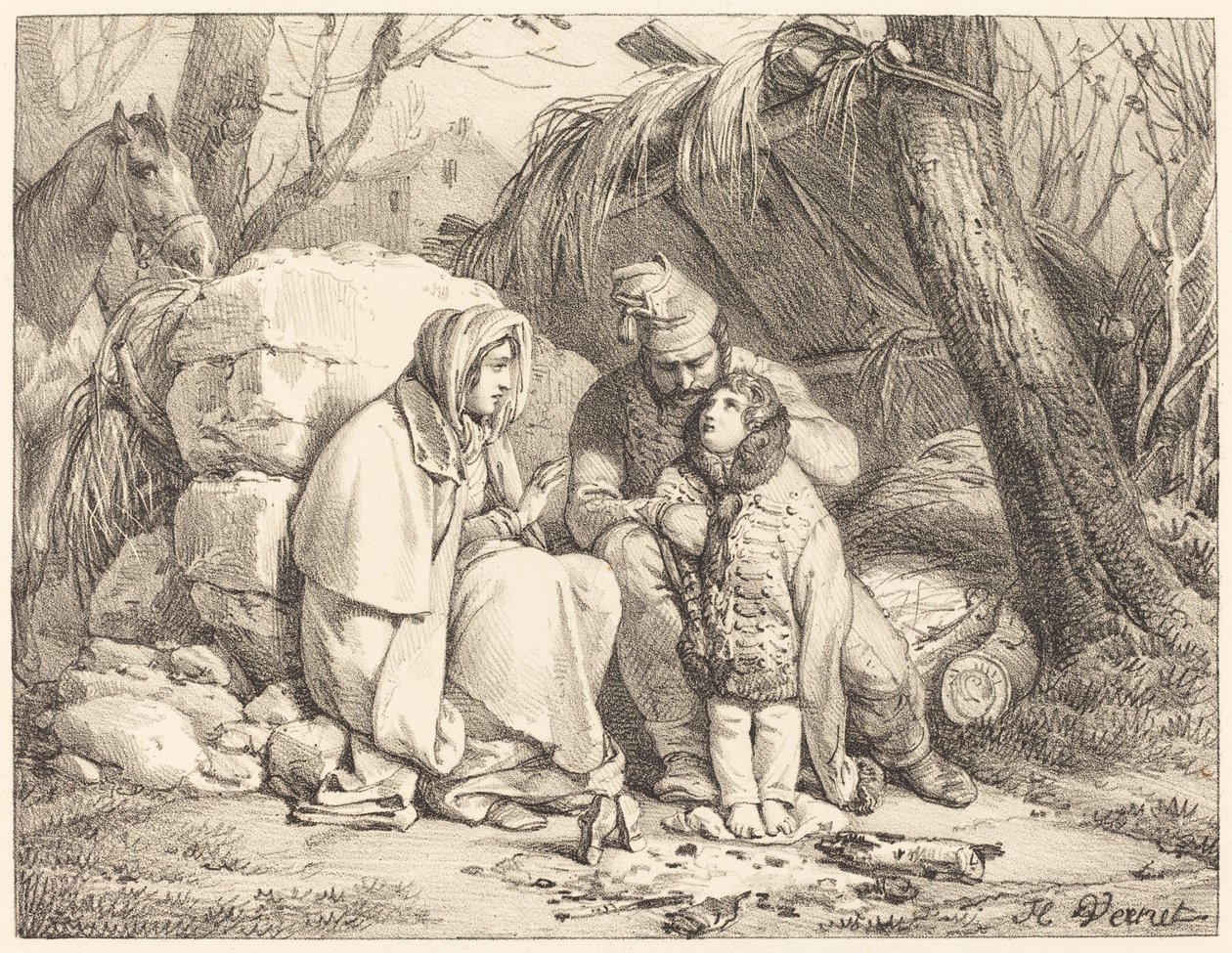 Soldatens familie lejret af Emile Jean Horace Vernet