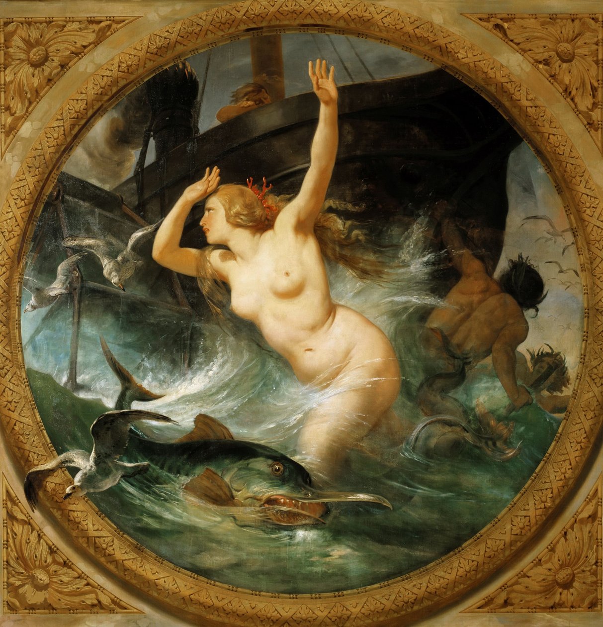Steam Putting to Flight the Sea Gods Loftmaleri, Salle des Pas perdus, 1839-1847. af Emile Jean Horace Vernet