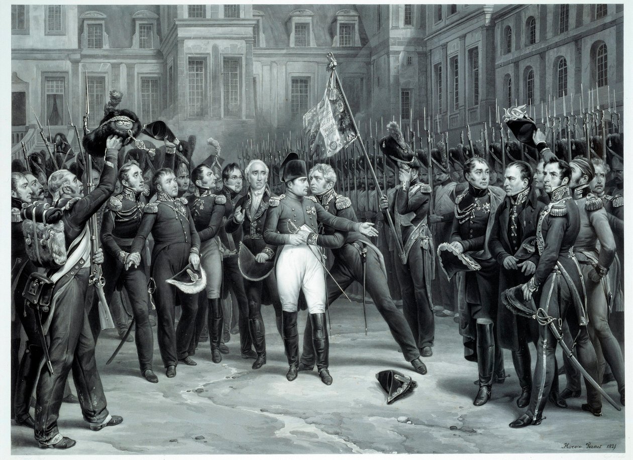 Napoleon Bonapartes (1769-1821) farvel til den kejserlige vagt i gården til Cheval Blanc i Fontainebleau 20/04/1814 Gravering af Emile Vernet dit Horace Vernet (1789-1863) 1814 Paris, B.N. af Emile Jean Horace Vernet