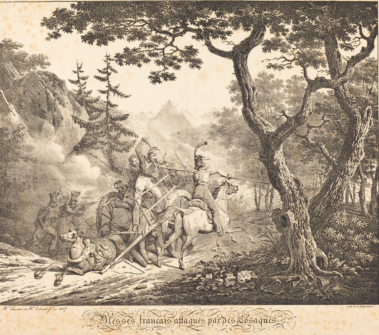 Sårede franskmænd angrebet af en kosak af Horace Vernet and Hippolyte Lecomte