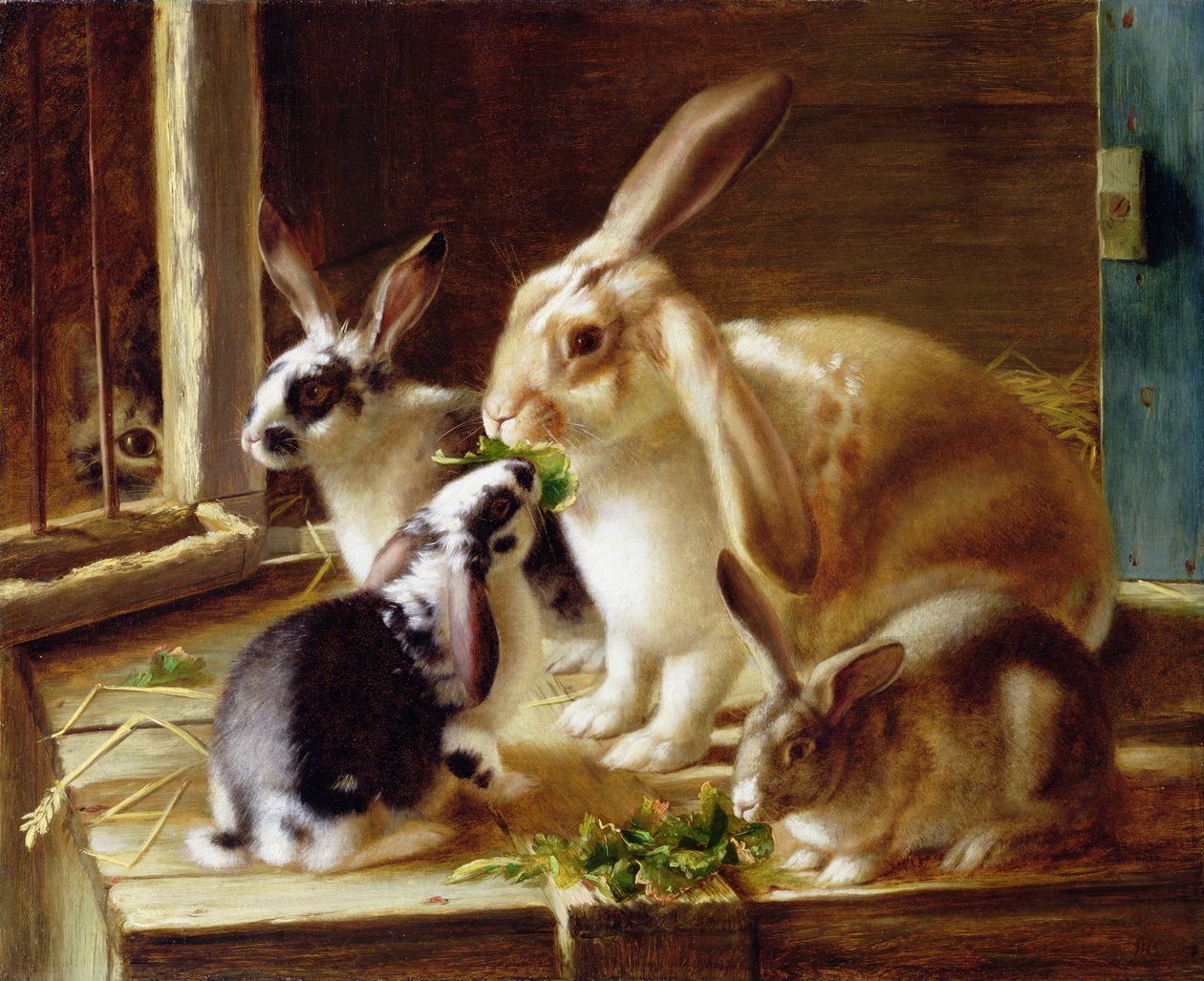 Langørede kaniner i et bur, overvåget af en kat af Horatio Henry Couldery