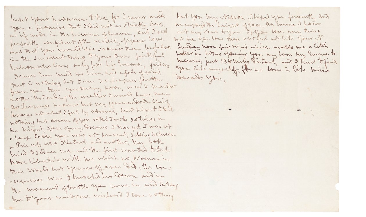 Autografbrev til Lady Hamilton, n.p. [Foudroyant på havet] af Horatio Nelson