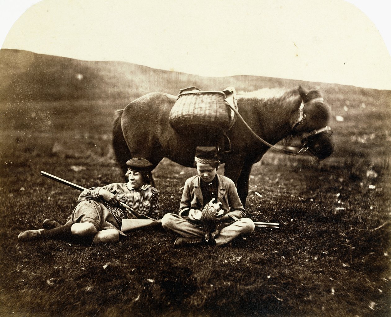 Charlie og Peel Ross med hest efter en jagt, ca. 1856-1859 af Horatio Ross