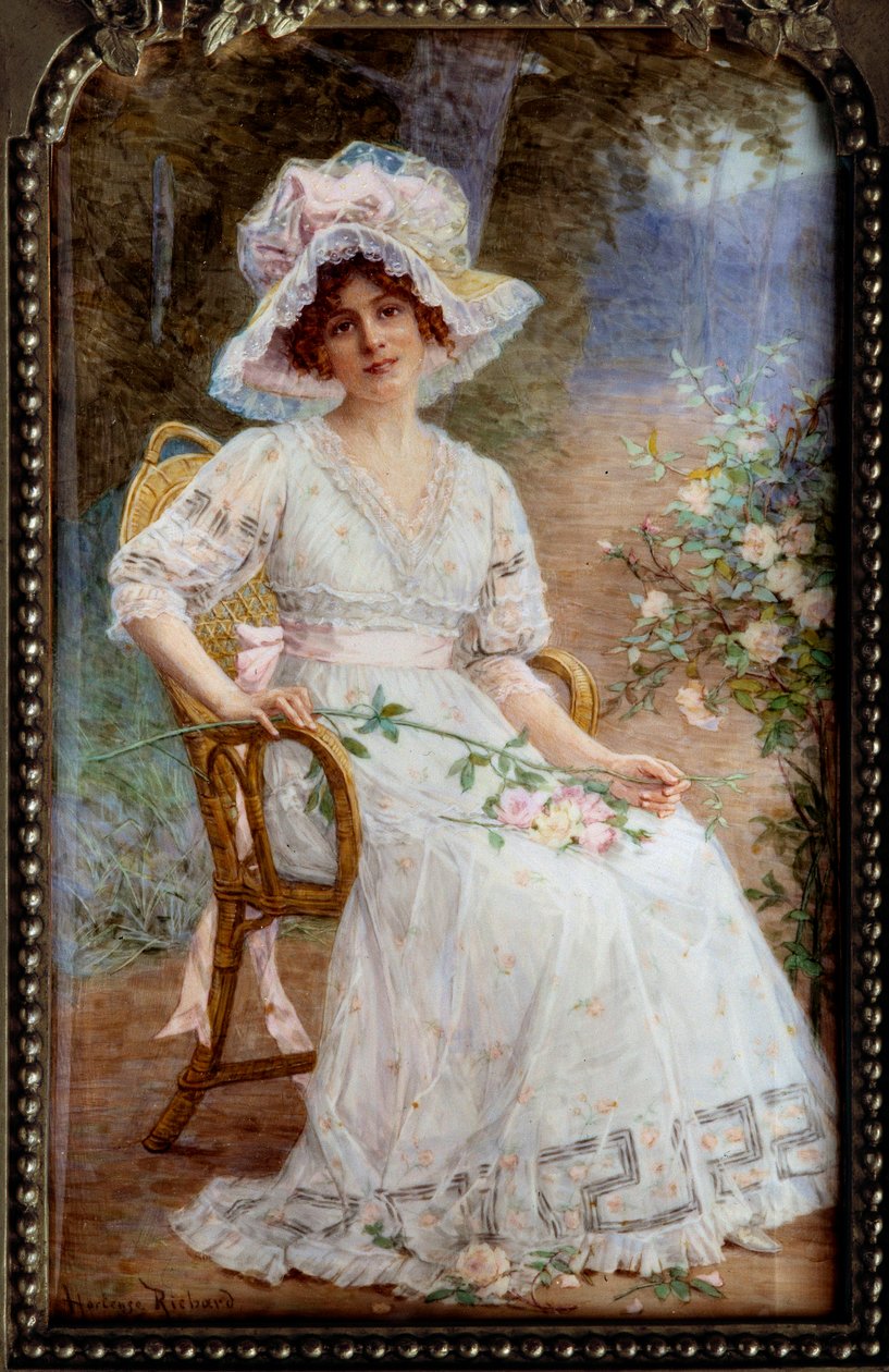 Ung kvinde sidder i haven Miniature på elfenben af Hortense Richard (1860-efter 1939) 20. århundrede Sun. 0,24x0,15 m af Hortense Richard