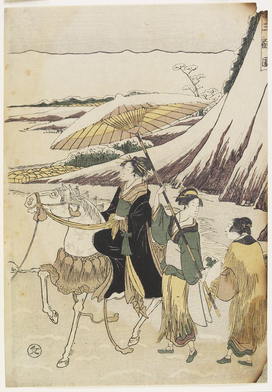 Tre kvinder, der rejser gennem en kløft, 1794-96 (træbloktryk i farver) af Hosoda Eiri