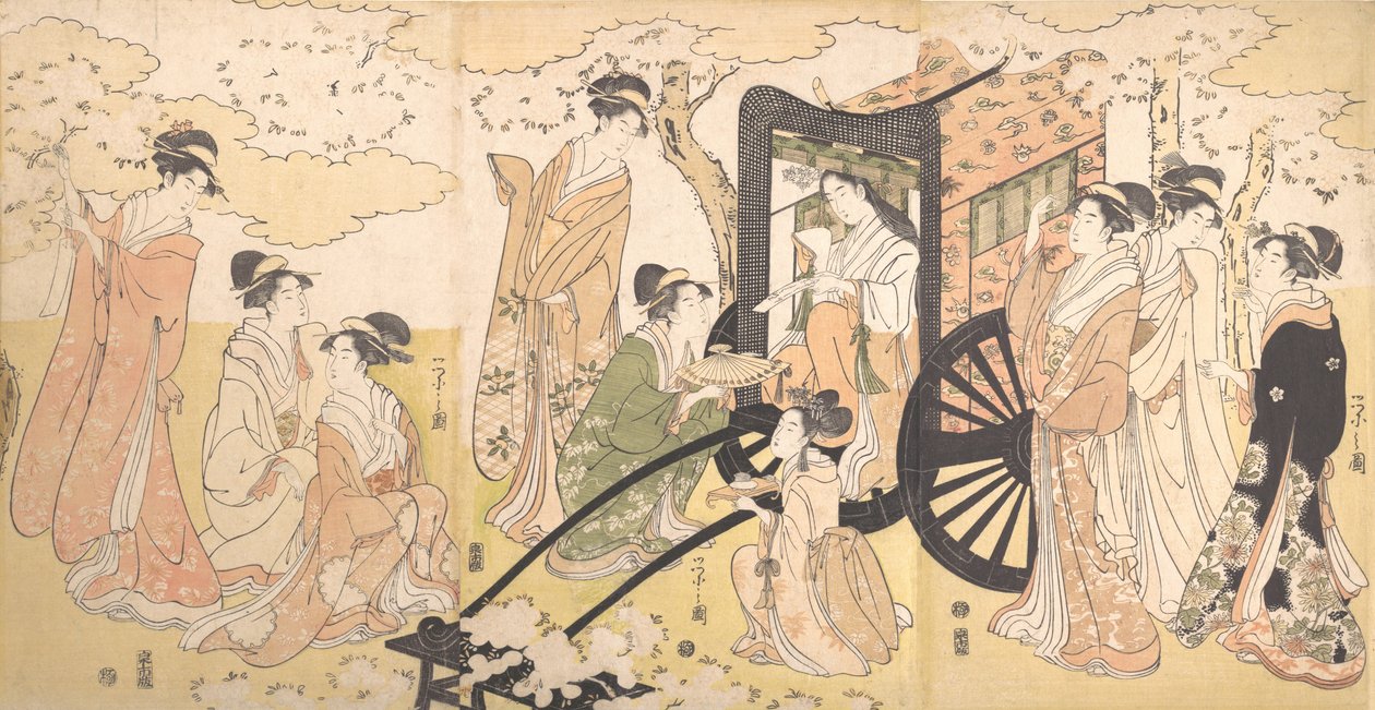 En kirsebærudflugt af en ædel dame og ledsagere, ca. 1797. af Hosoda Eishi
