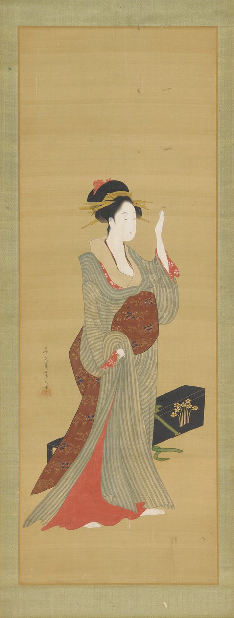 En geisha ved at justere en skildpadde-skal hårnål, slutningen af det 18. århundrede. af Hosoda Eishi