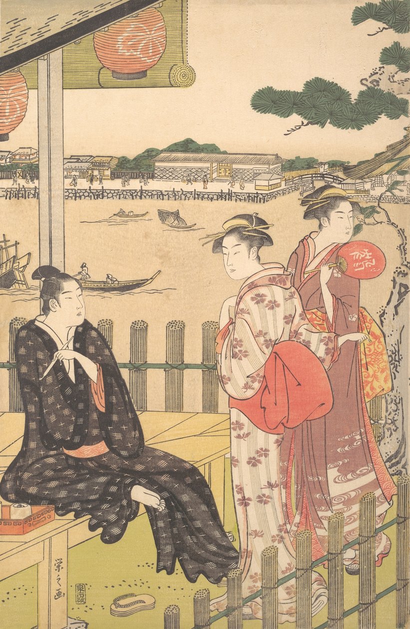 Gruppe i et tehus på bredden af Sumida-floden, ca. 1790. af Hosoda Eishi