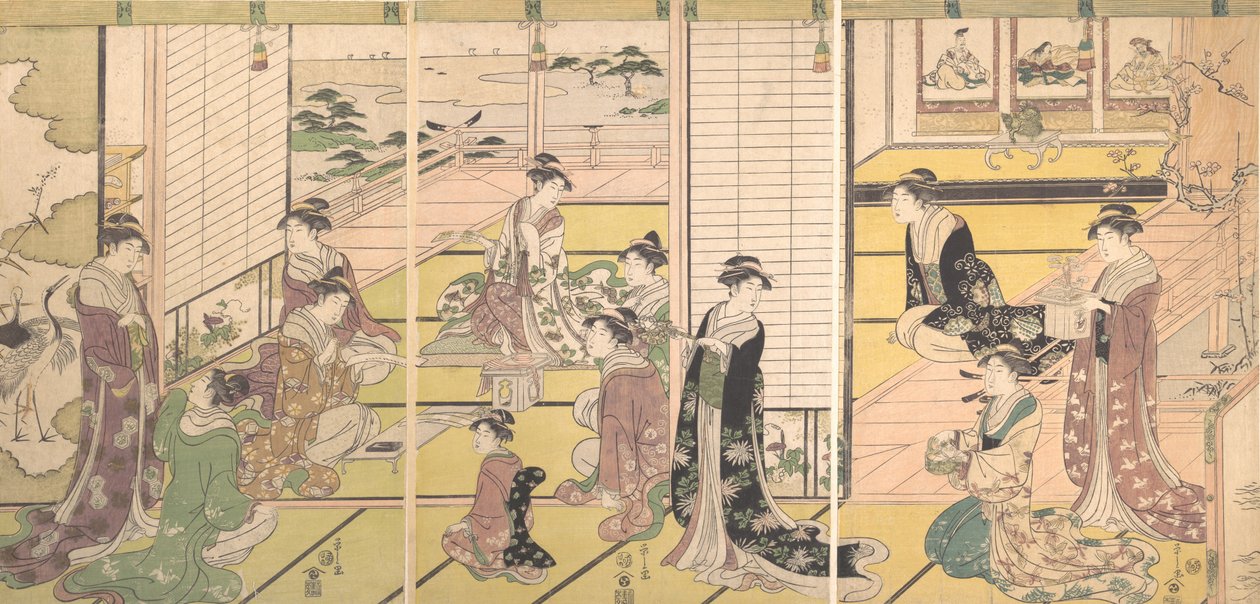 Til ære for poesiens tre guder: Kvinder, der komponerer digte, ca. 1792. af Hosoda Eishi