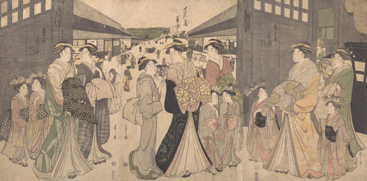 Oiran og ledsagere ved O Mon eller Great Gate of the Yoshiwara, ca. 1794. af Hosoda Eishi