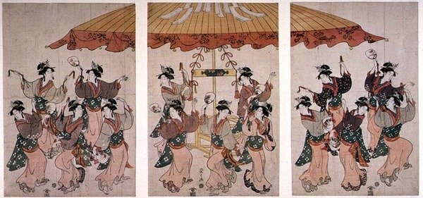 Sumiyoshi-dansen, triptykon, ca. 1791 (farvet træbloktryk) af Hosoda Eishi