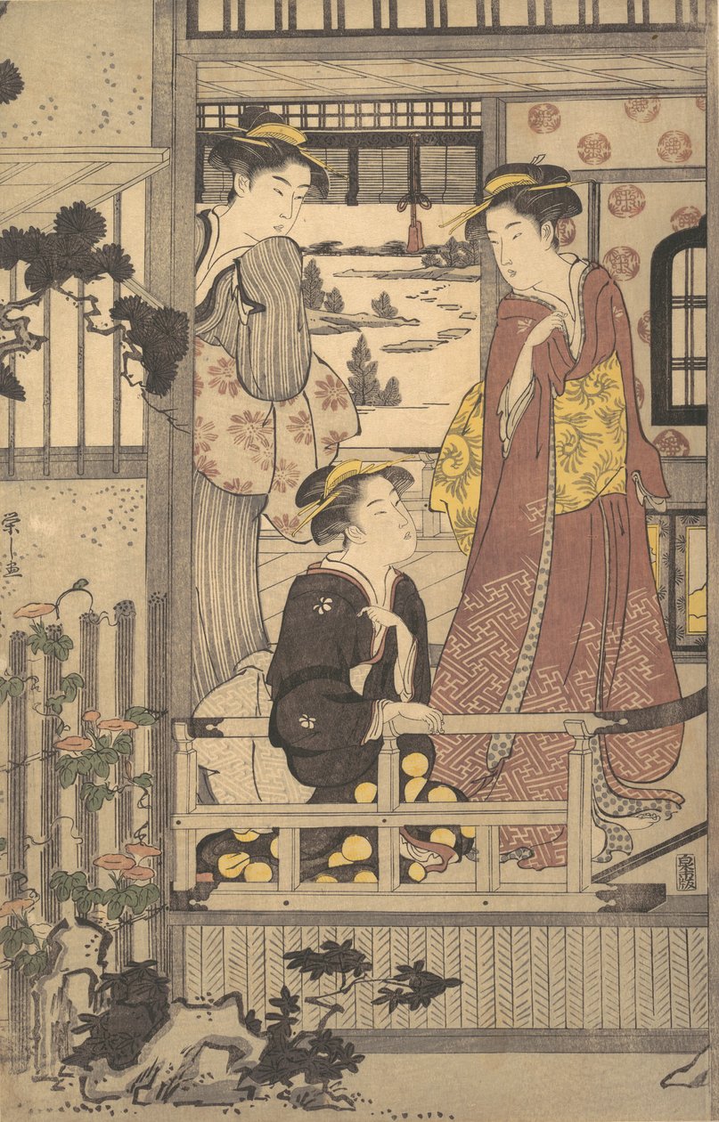 Tre kvinder på en veranda, 1756-1829. af Hosoda Eishi
