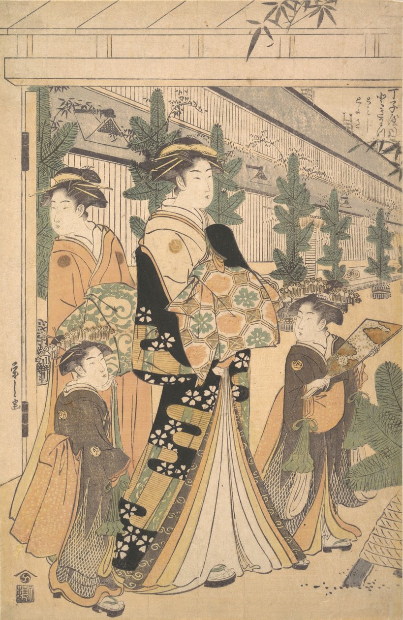 To Oiran med to kvindelige ledsagere i Yoshiwara. af Hosoda Eishi