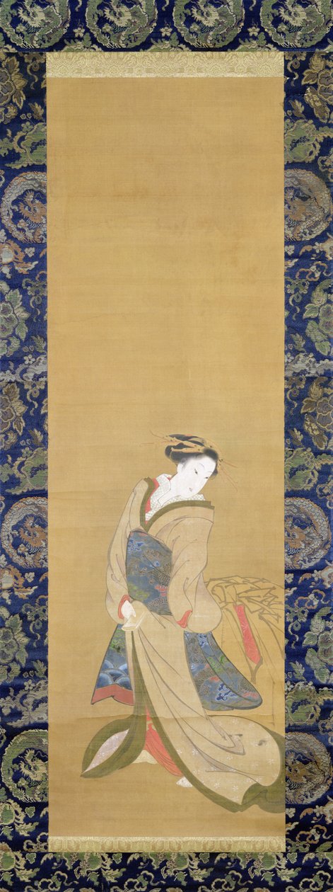 En elegant kvinde i en blå Obi (pen og blæk på silke) af Hotei Gosei