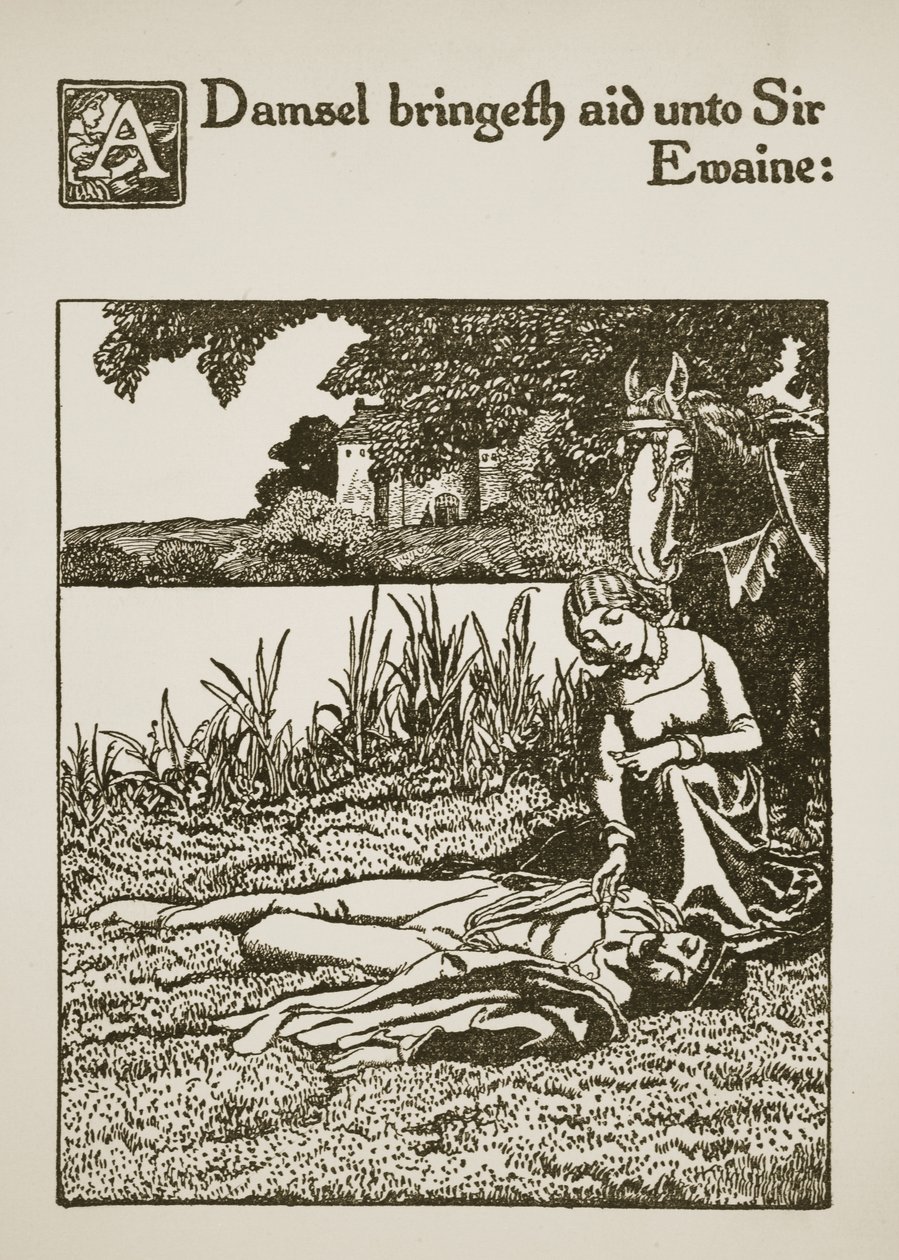 En pige bringer hjælp til Sir Ewaine, illustration fra 