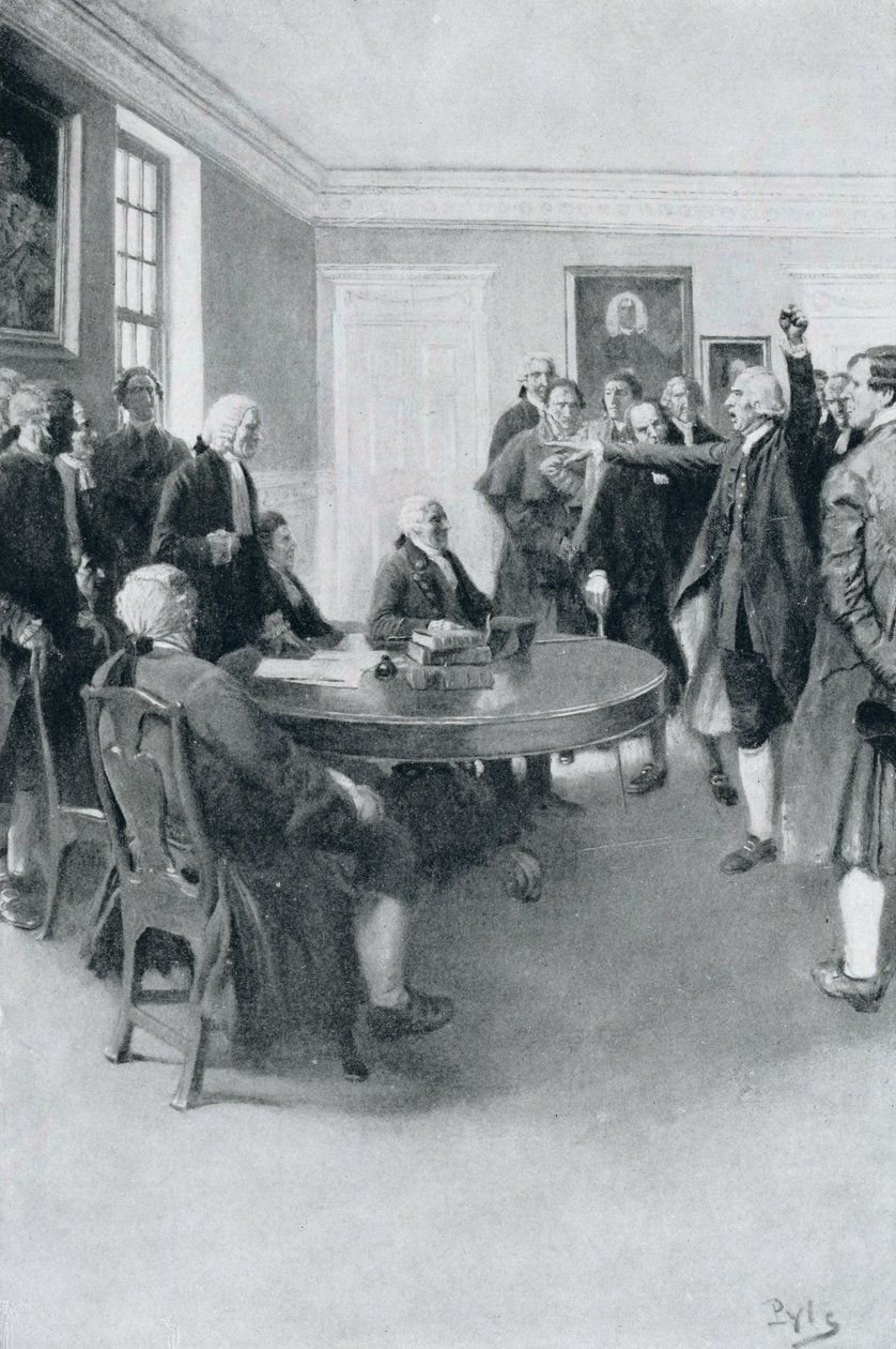 Efter massakren: Samuel Adams kræver af guvernør Hutchinson den øjeblikkelige tilbagetrækning af britiske tropper, illustration fra 