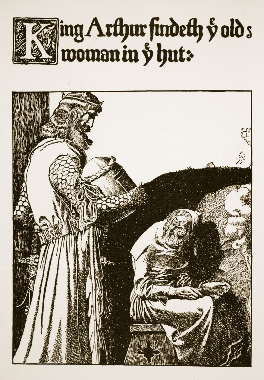 Kong Arthur finder en årig kvinde i din hytte, illustration fra 