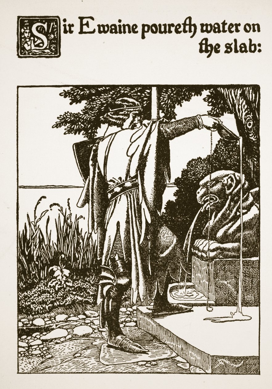 Sir Ewaine hælder vand på pladen, illustration fra 