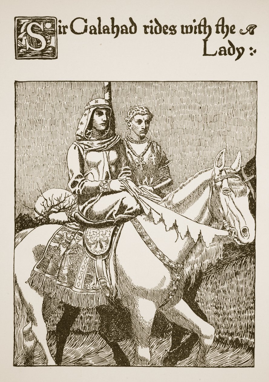 Sir Galahad rider med damen, illustration fra "The Story of the Grail and the Passing of Arthur", ca.1910 af Howard Pyle