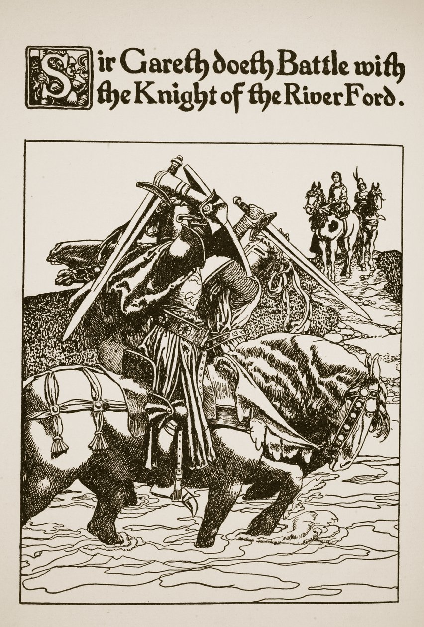 Sir Gareth kæmper med ridderen af floden Ford, illustration fra 