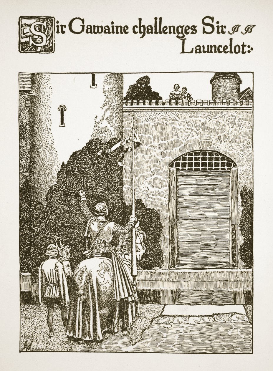 Sir Gawaine udfordrer Sir Launcelot, illustration fra 