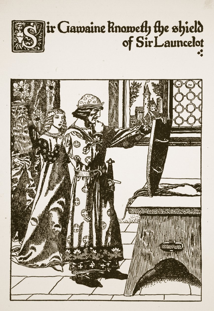 Sir Gawaine kender Sir Launcelots skjold, illustration fra 