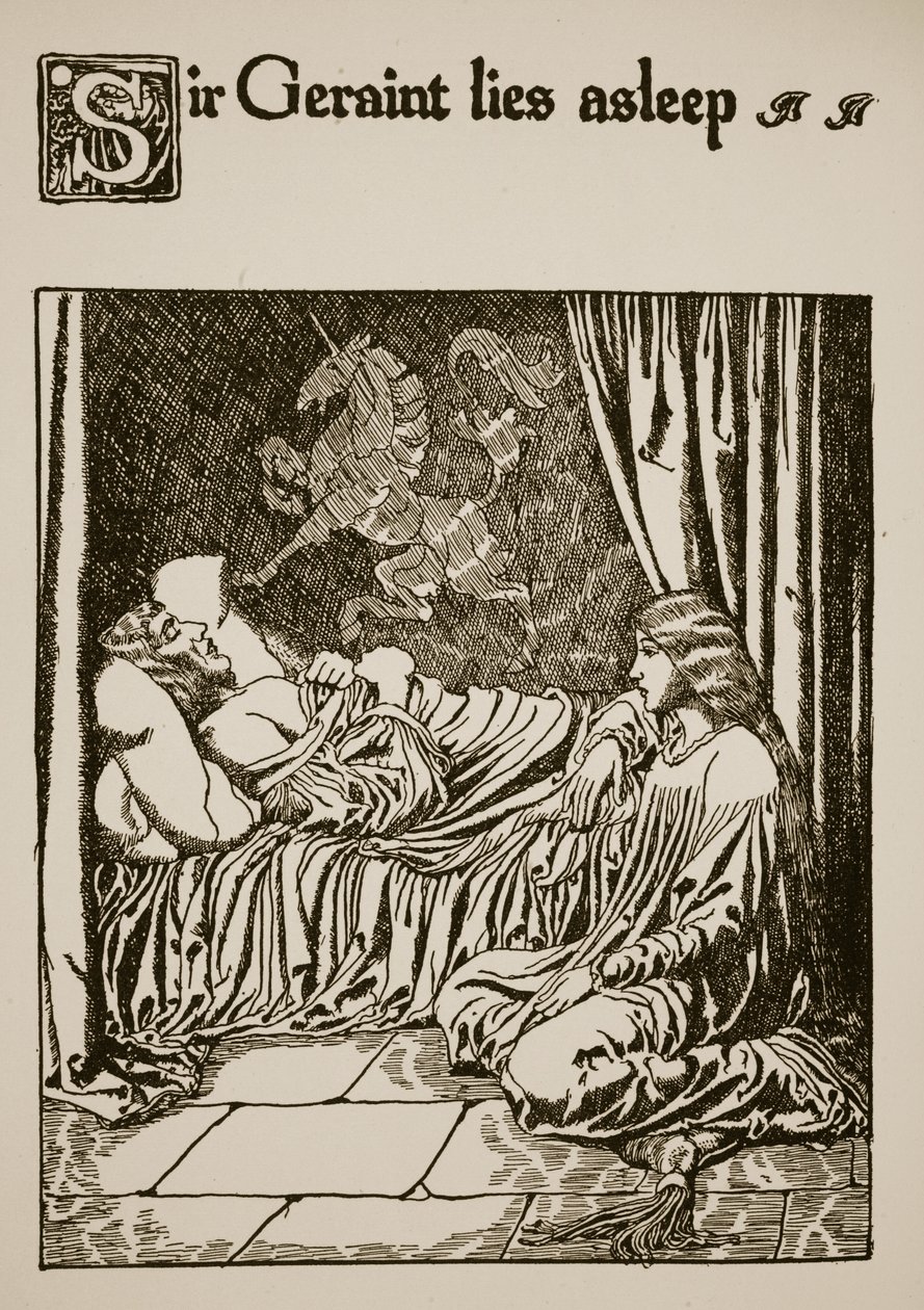 Sir Geraint ligger og sover, illustration fra 