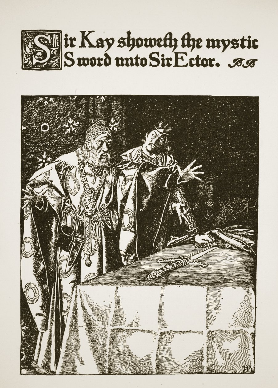 Sir Kay viser det mystiske sværd til Sir Ector, illustration fra "The Story of King Arthur and his Knights", 1903 af Howard Pyle