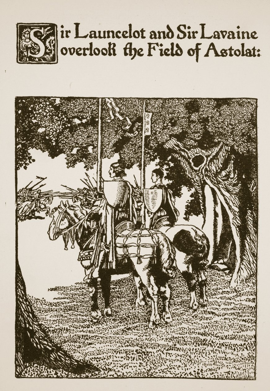Sir Launcelot og Sir Lavaine overser Field of Astolat, illustration fra 