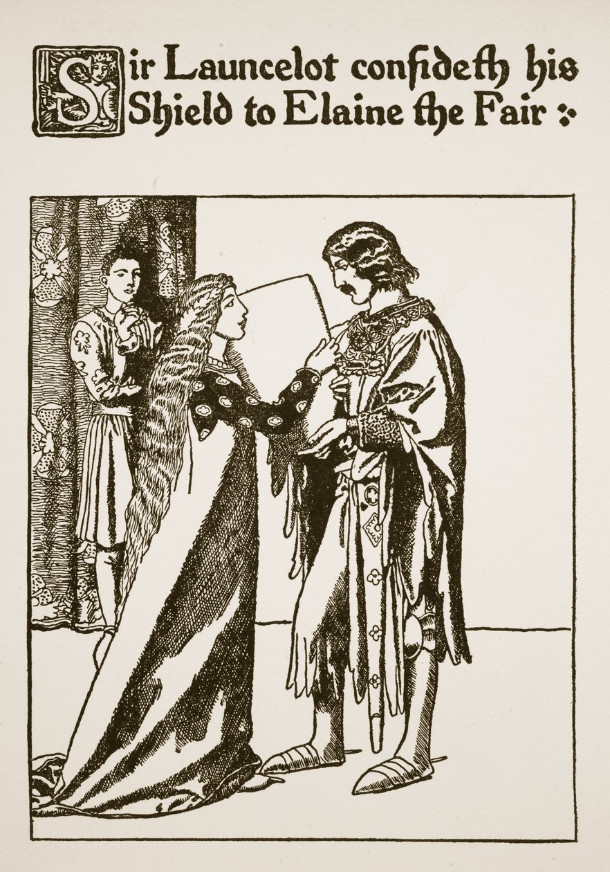 Sir Launcelot betror sit skjold til Elaine the Fair, illustration fra 