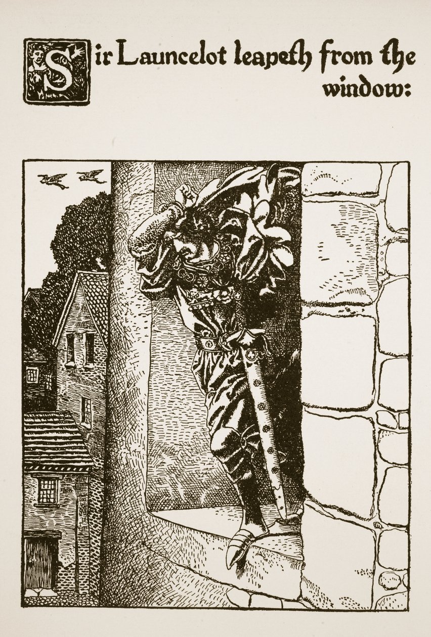 Sir Launcelot springer ud af vinduet, illustration fra "The Story of Sir Launcelot and his Companions", 1907 af Howard Pyle