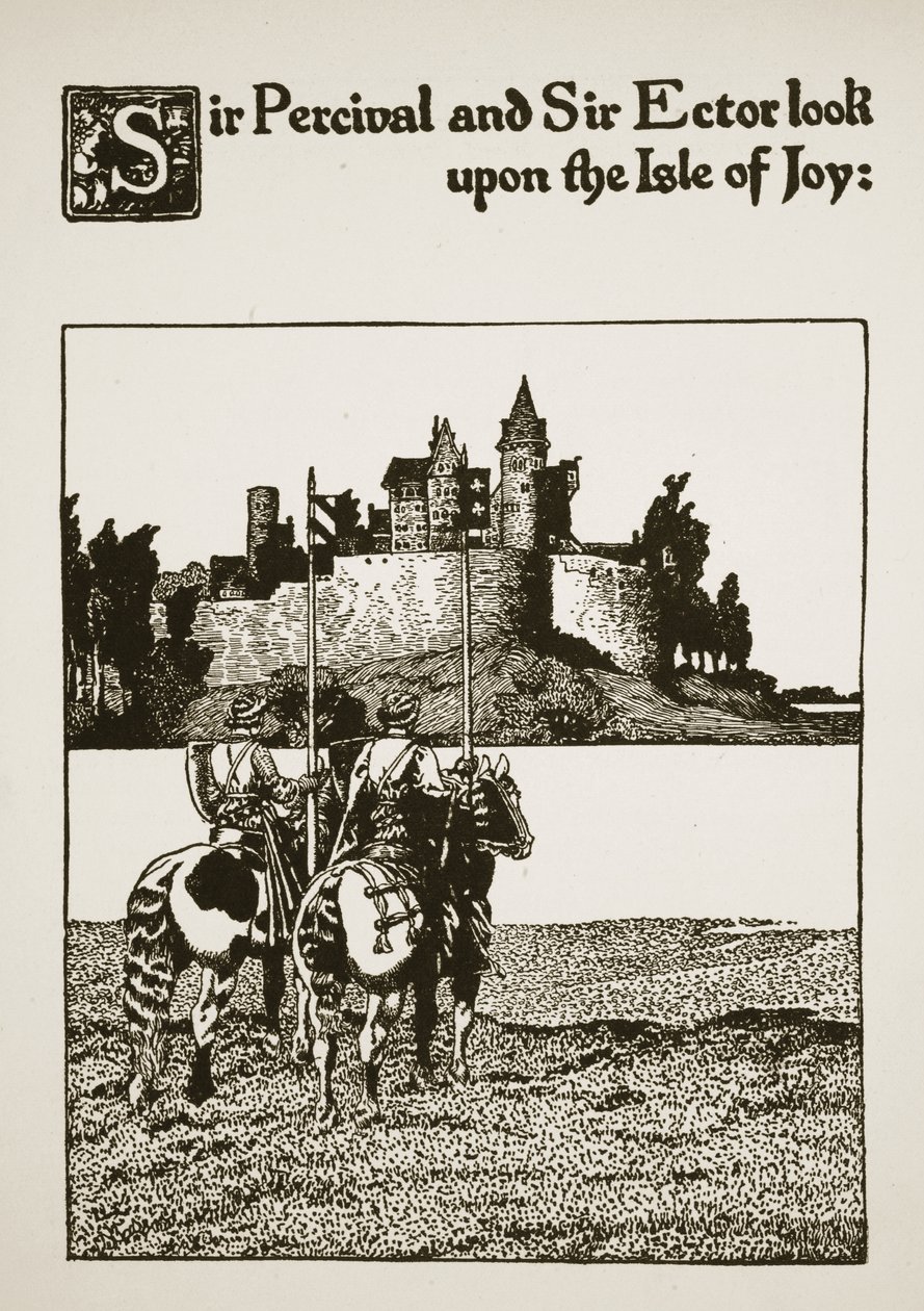 Sir Percival og Sir Ector ser på Isle of Joy, illustration fra 
