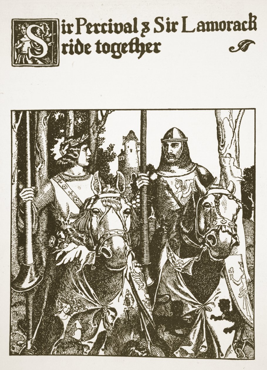 Sir Percival og Sir Lamorack rider sammen, illustration fra "Historien om Mesterne fra det runde bord af Howard Pyle