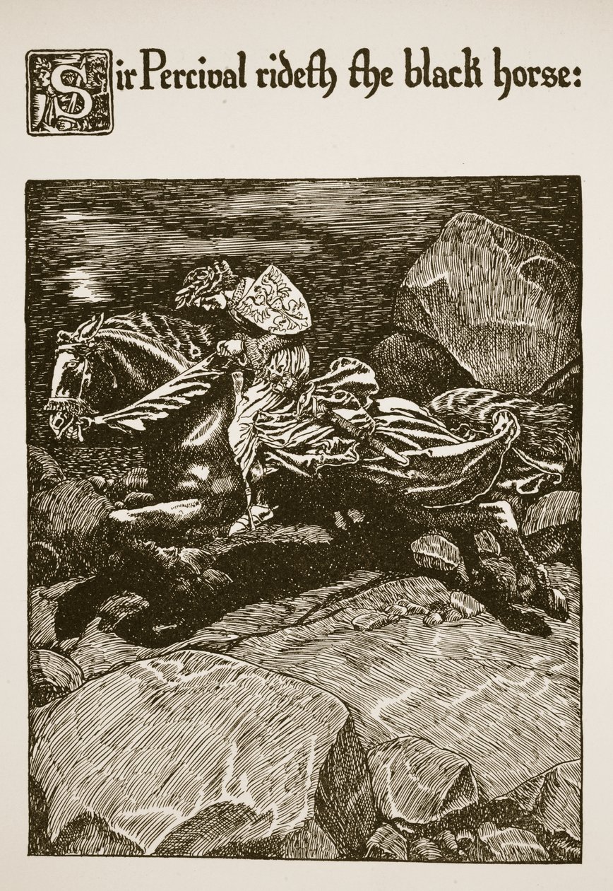 Sir Percival rider på den sorte hest, illustration fra 